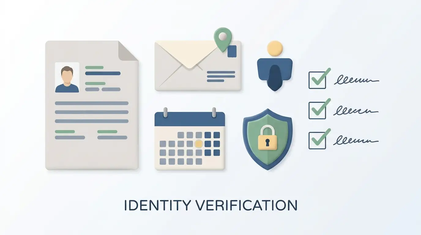 Neutral identity verification checklist with document, address and account security symbols