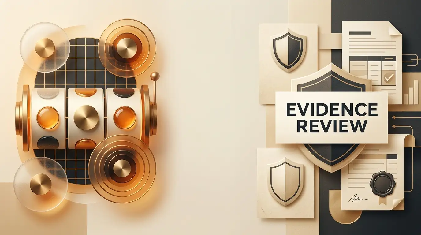 Editorial illustration for an Amber Spins UK casino evidence review with abstract slot and compliance motifs