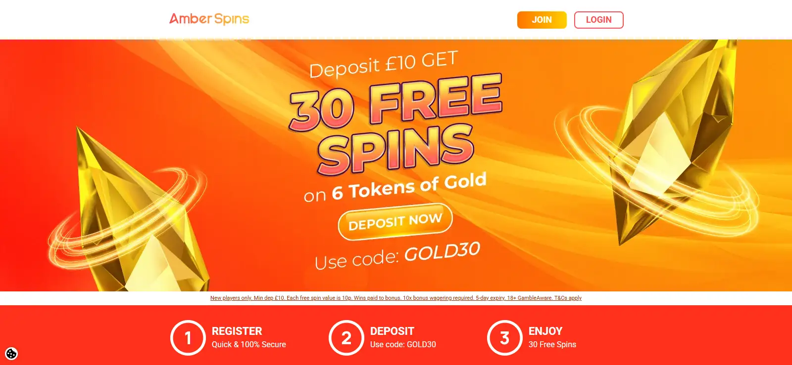 Current Amber Spins homepage showing the UK welcome promotion area